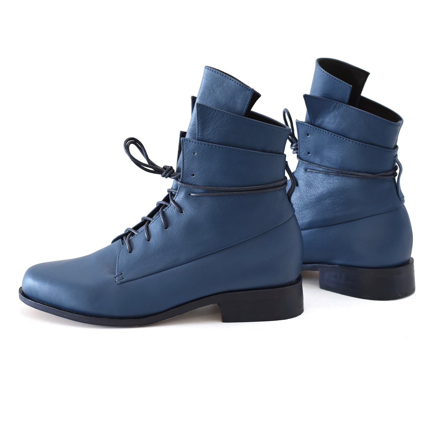 The Striker Boot Saxe Blue, 25mm leather covered heel with waxed laces