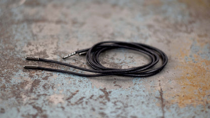 Black Cotton Shoe lace coiled up, 75cm with metal aglets for 3-4 eyelets