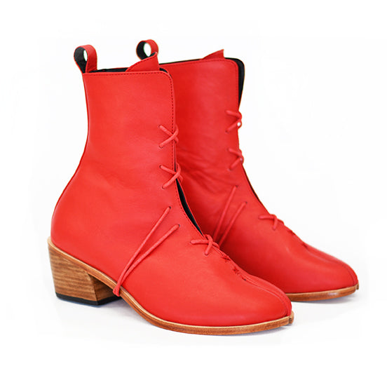 Be edgy and unique in Karen Booker’s Tabi Boots Ketchup Red