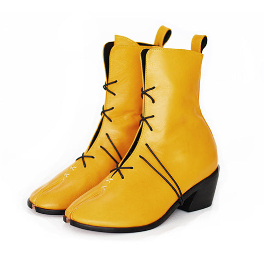 Mustard yellow boots with grey undertones